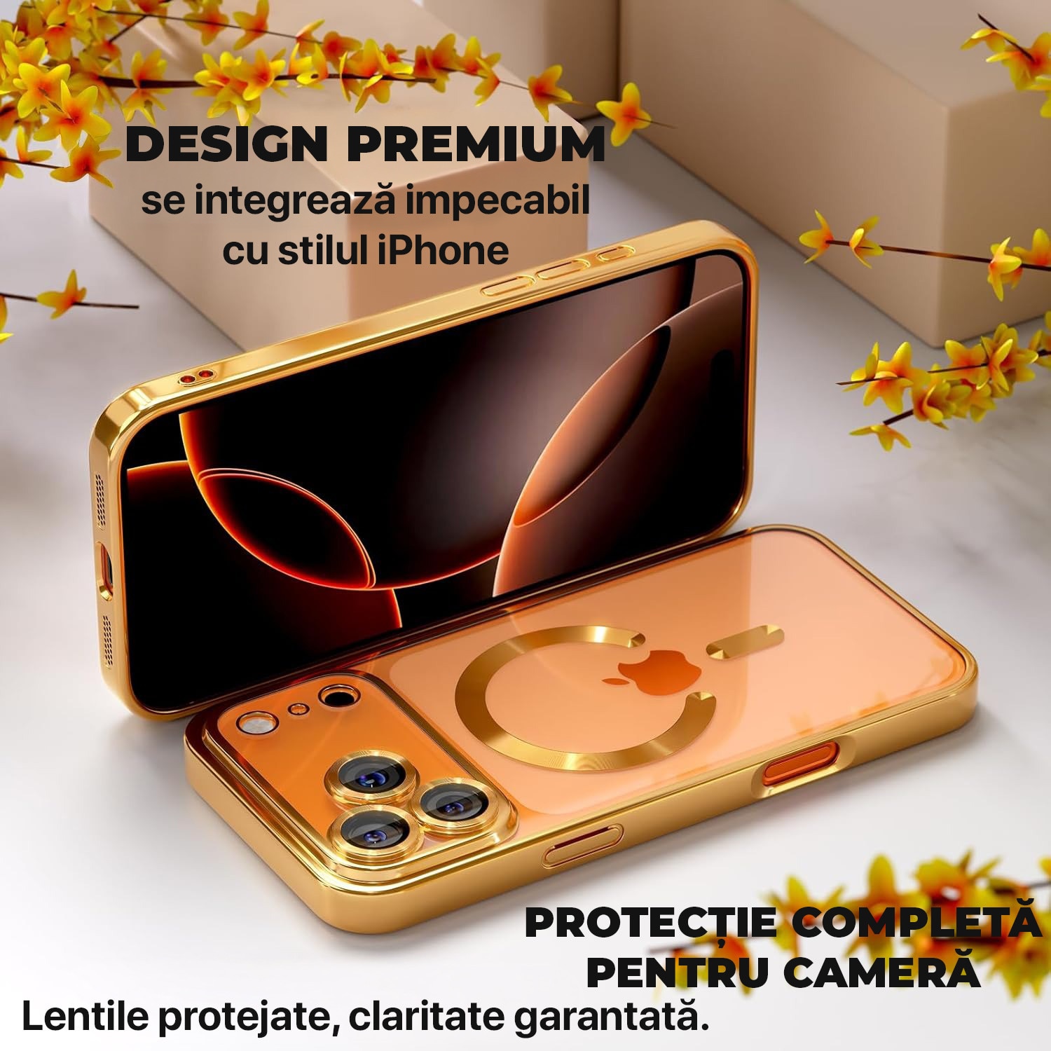 Husa pentru iPhone 17 Pro Max DaDen MagSafe Luxury, Antisoc, Protectie Camera, Margini Metalizate, Transparenta cu Margini Aurii