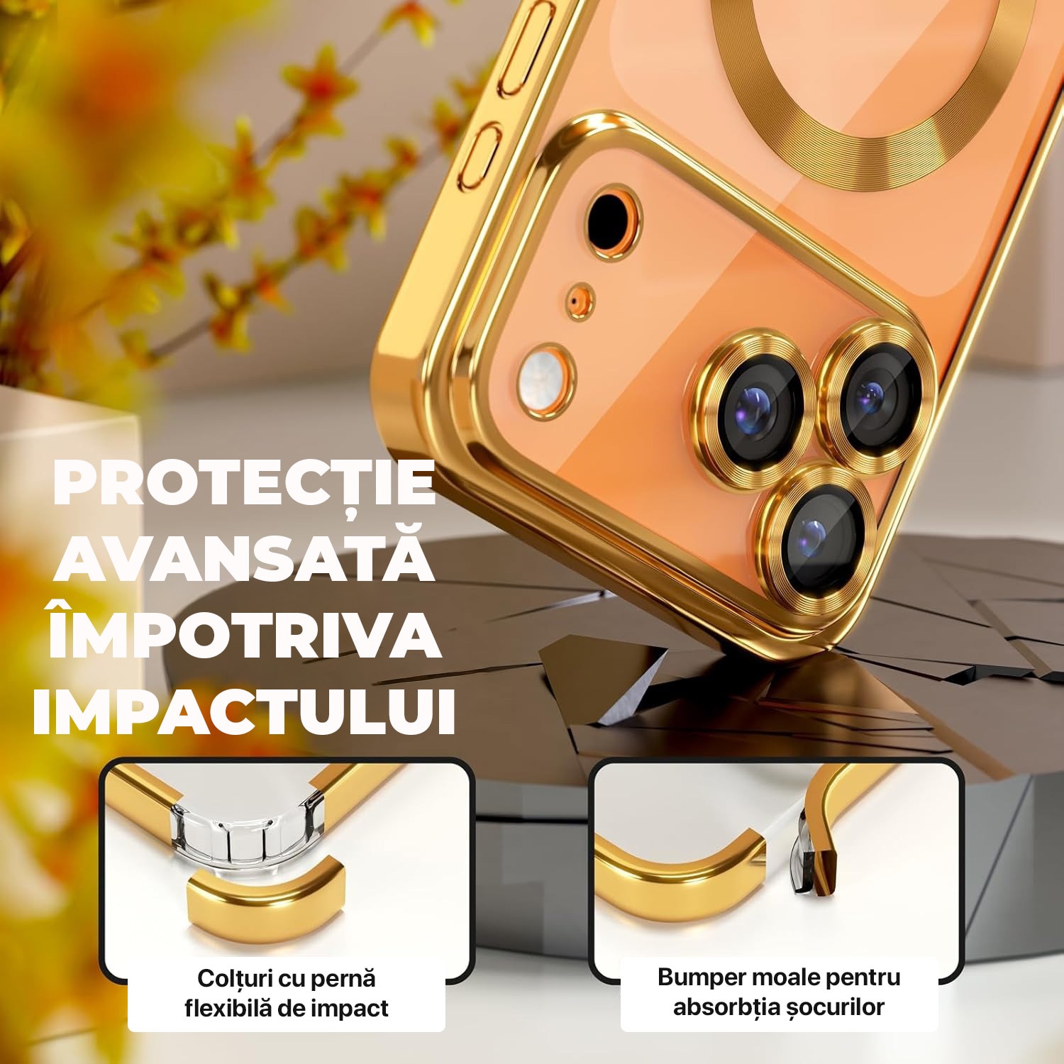 Husa pentru iPhone 17 Pro Max DaDen MagSafe Luxury, Antisoc, Protectie Camera, Margini Metalizate, Transparenta cu Margini Aurii