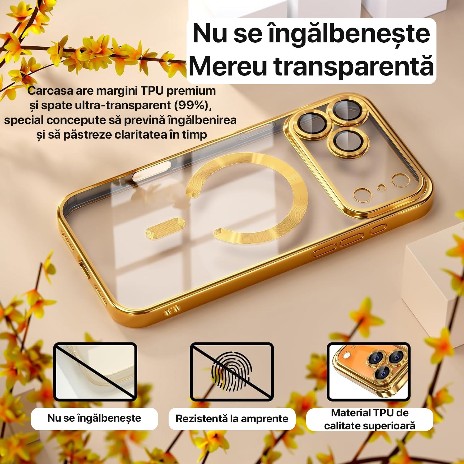 Husa pentru iPhone 17 Pro Max DaDen MagSafe Luxury, Antisoc, Protectie Camera, Margini Metalizate, Transparenta cu Margini Aurii