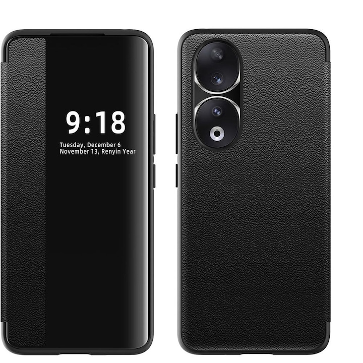 Husa Tip Carte, G-Tech, Hibrid piele ecologica si policarbonat, Compatibila cu Honor 90, Smart View, Interior Microfibra, Negru