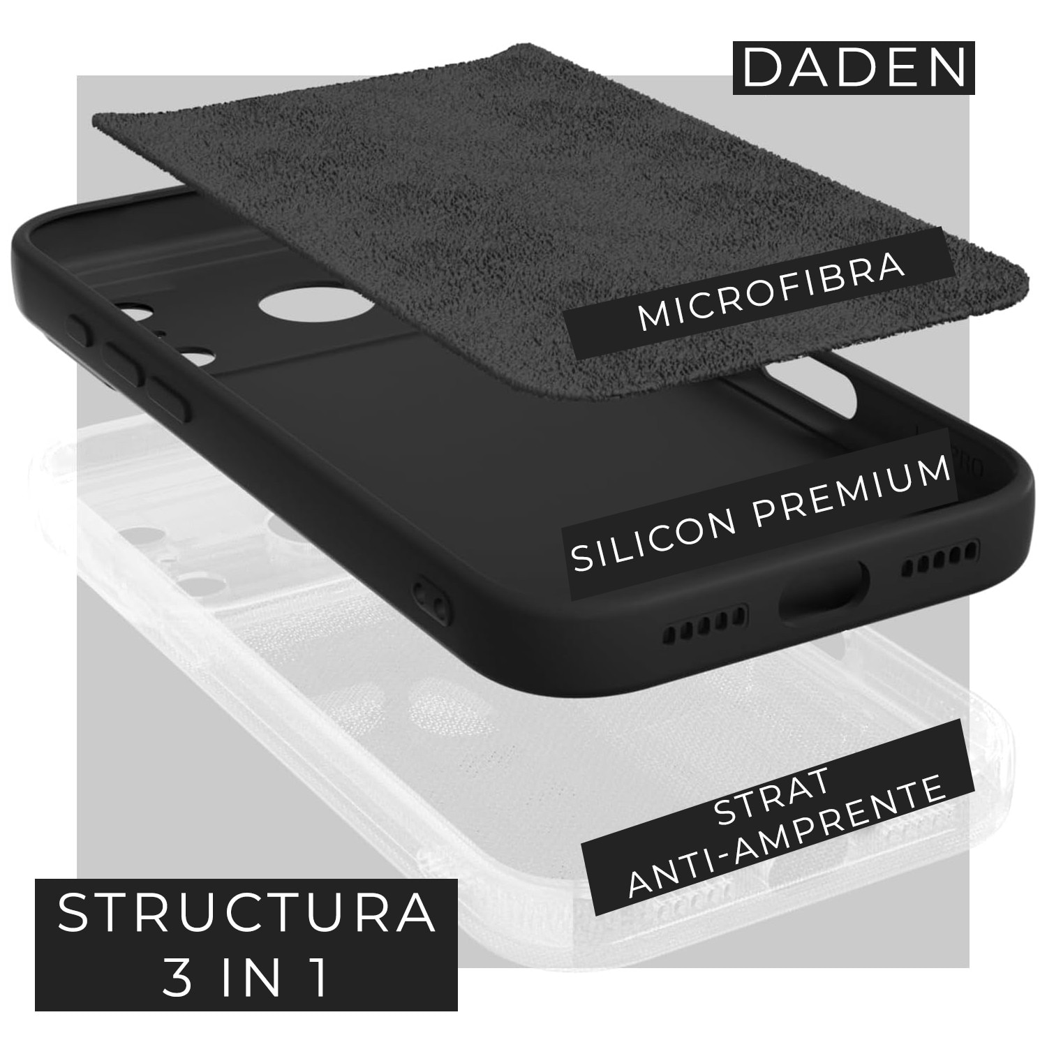 Husa pentru iPhone 17 Pro Max DaDen®, Ultra Slim, Silicon, Calitate Premium, Interior din microfibra, Negru