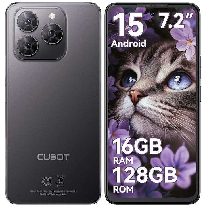 Telefon mobil CUBOT Note60, Android 15 16GB RAM + 128GB ROM, camera 48MP, display 7,2'', baterie 7000mAh, Dual SIM 4G, impermeabil IP68/IP69K, Negru