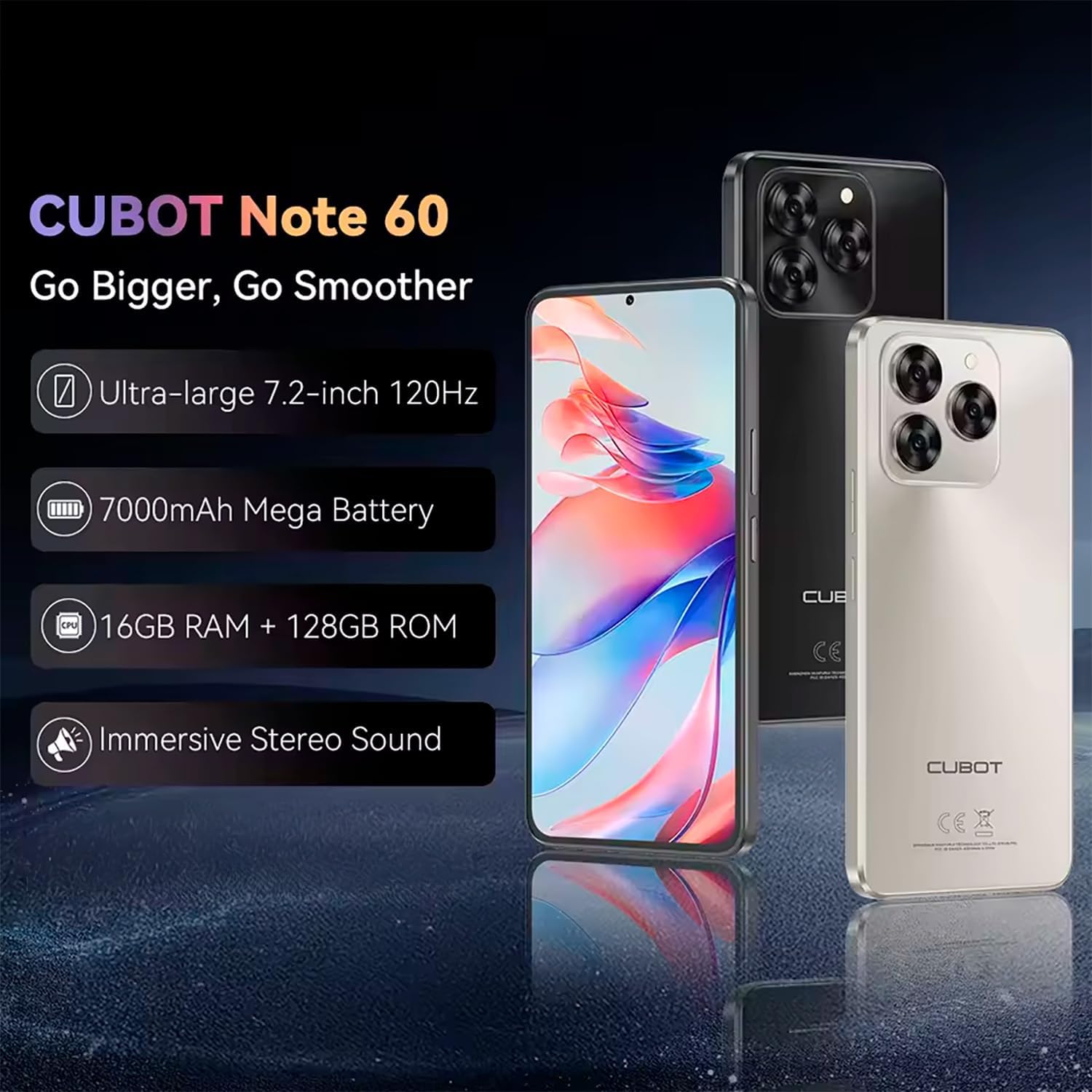 Telefon mobil CUBOT Note60, Android 15 16GB RAM + 128GB ROM, camera 48MP, display 7,2'', baterie 7000mAh, Dual SIM 4G, impermeabil IP68/IP69K, Negru