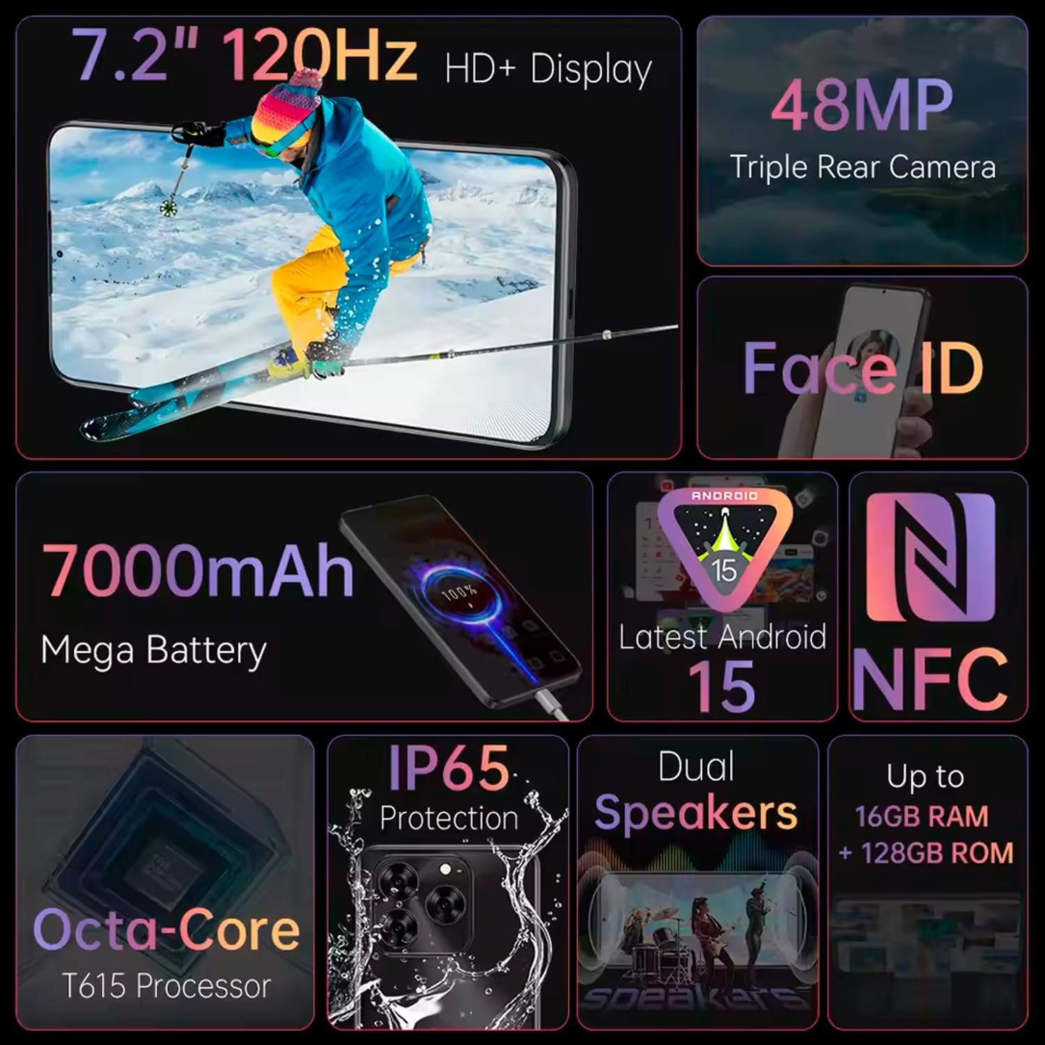 Telefon mobil CUBOT Note60, Android 15 16GB RAM + 128GB ROM, camera 48MP, display 7,2'', baterie 7000mAh, Dual SIM 4G, impermeabil IP68/IP69K, Negru