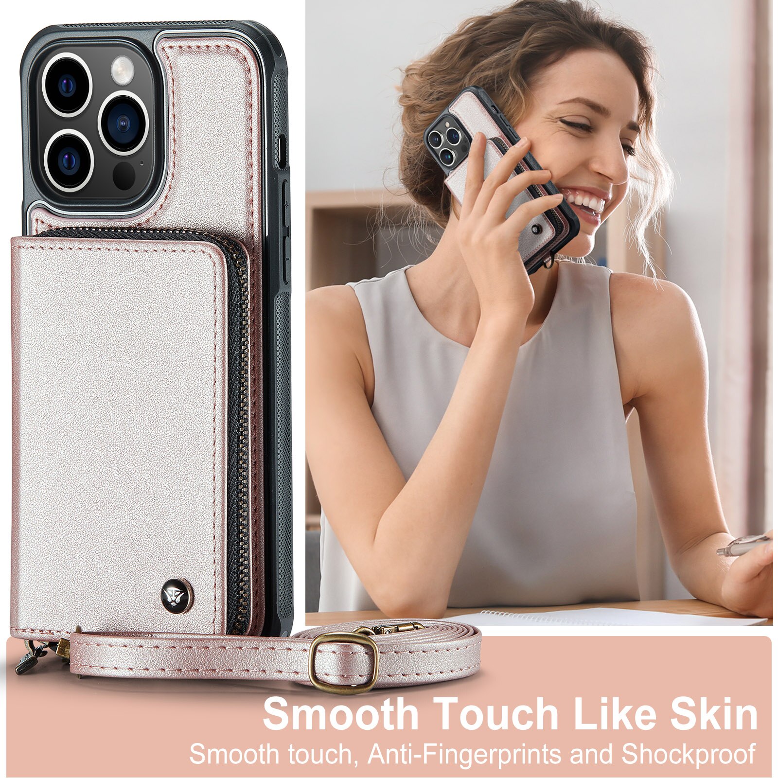 Husa pentru iPhone 13 Pro, CaseMe, piele cu textura foarte fina, back cover cu portofel, buzunar cu fermoar, 2 curele detasabile, protectie RFID, stand, Roz