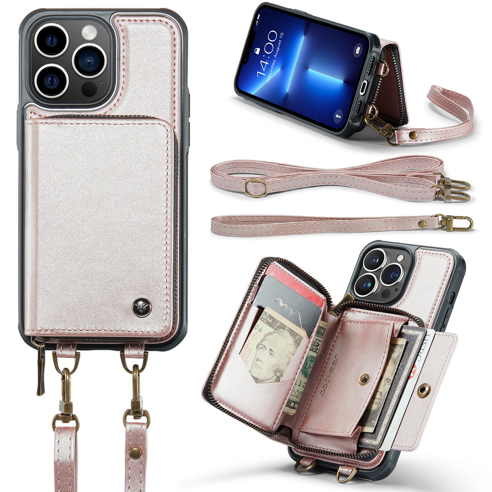 Husa pentru iPhone 13 Pro, CaseMe, piele cu textura foarte fina, back cover cu portofel, buzunar cu fermoar, 2 curele detasabile, protectie RFID, stand, Roz