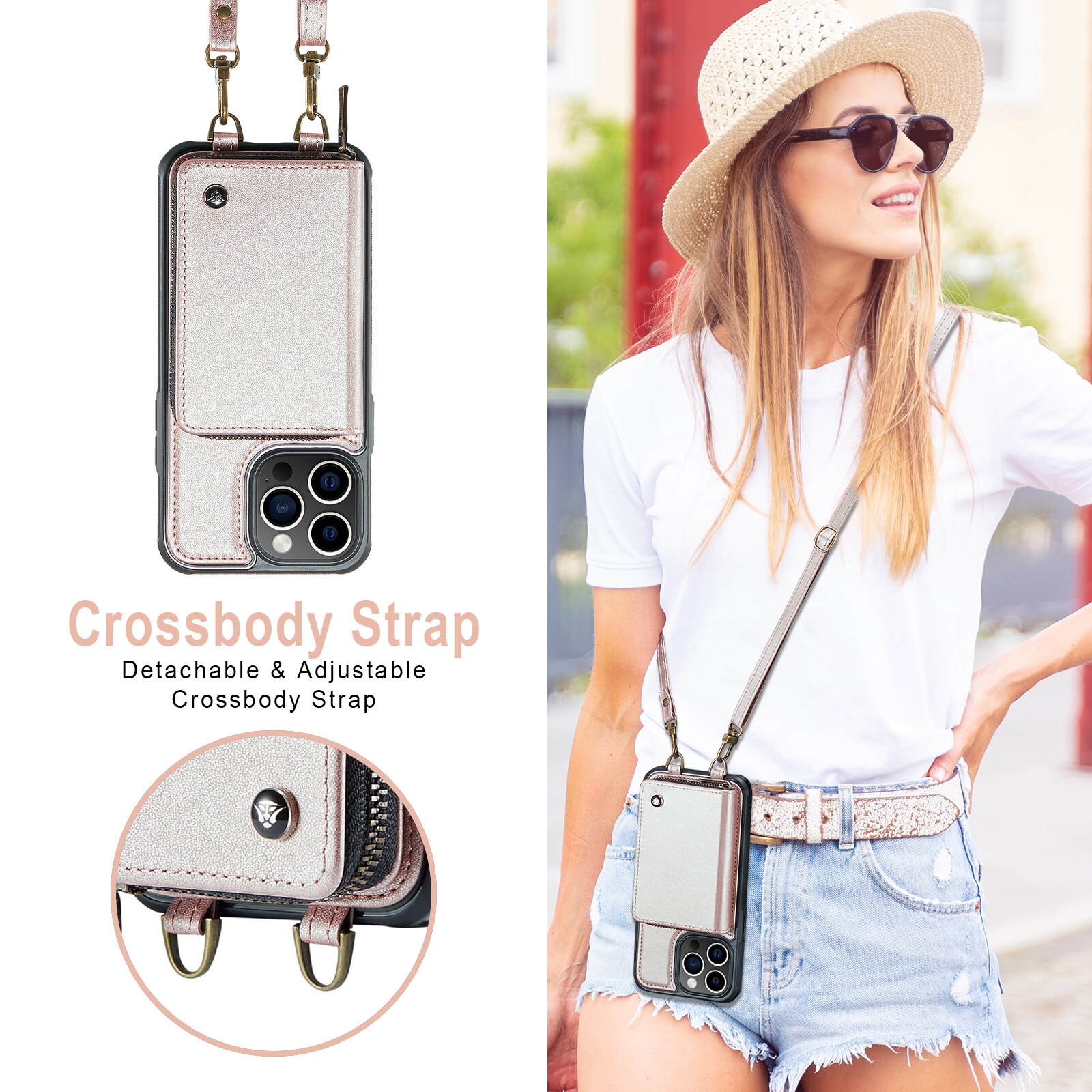Husa pentru iPhone 13 Pro, CaseMe, piele cu textura foarte fina, back cover cu portofel, buzunar cu fermoar, 2 curele detasabile, protectie RFID, stand, Roz