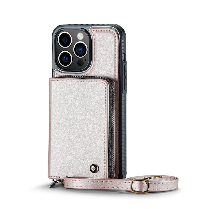 Husa pentru iPhone 13 Pro, CaseMe, piele cu textura foarte fina, back cover cu portofel, buzunar cu fermoar, 2 curele detasabile, protectie RFID, stand, Roz