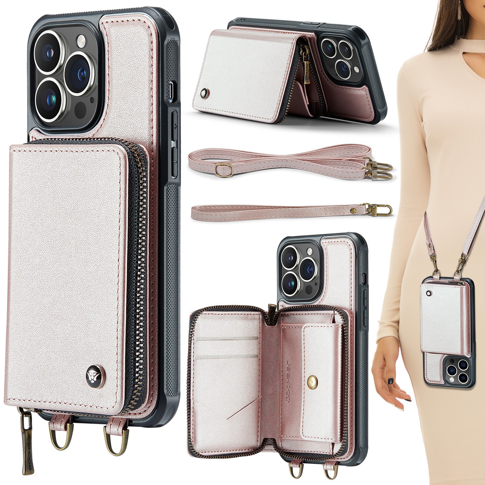 Husa pentru iPhone 13 Pro, CaseMe, piele cu textura foarte fina, back cover cu portofel, buzunar cu fermoar, 2 curele detasabile, protectie RFID, stand, Roz