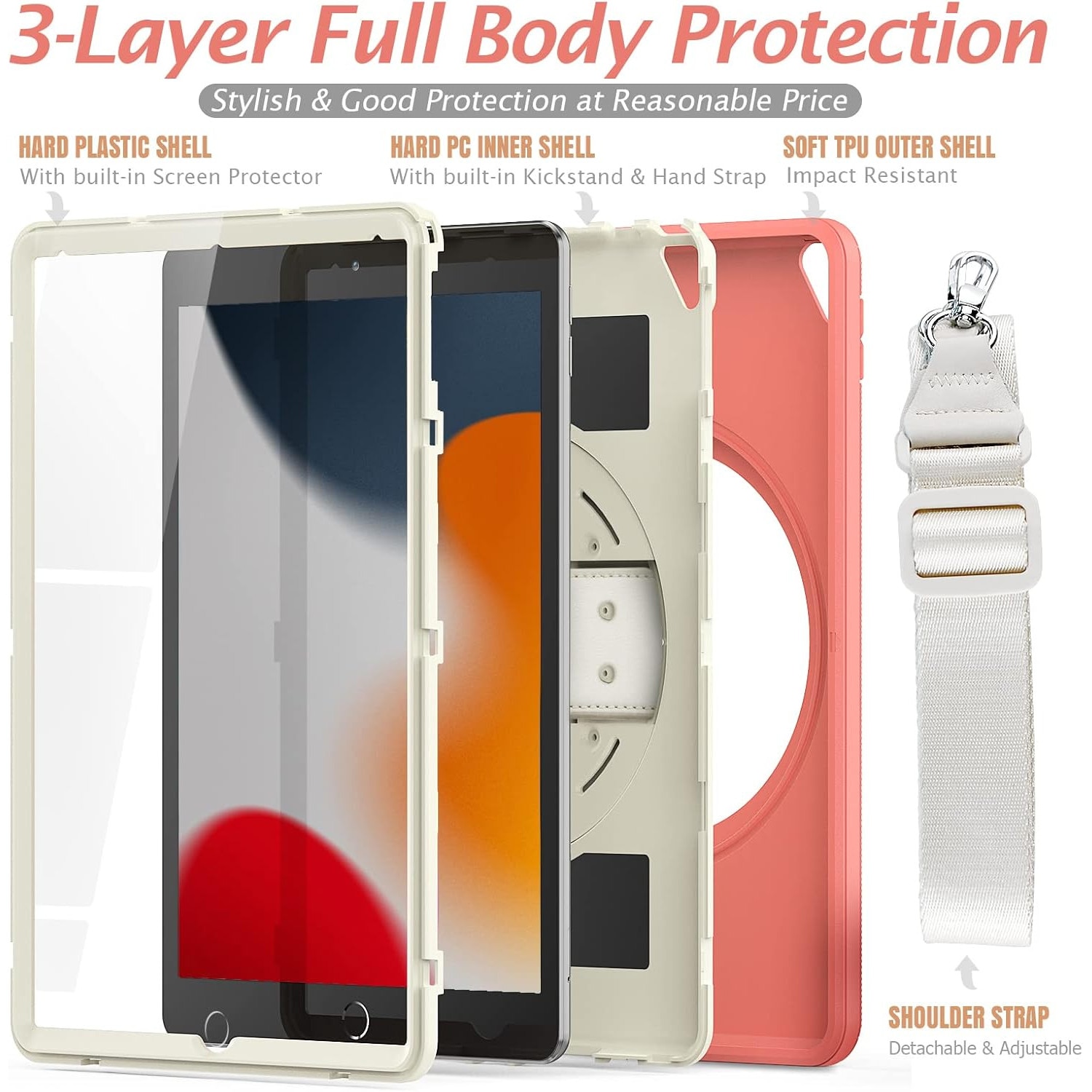 Pachet 360 pentru iPad Air13 (2024/2025), iPad Pro 12.9'' (2020/2021/2022), husa Sigloo cu folie inclusa, curea de umar si suport rotativ, Roz cu Crem