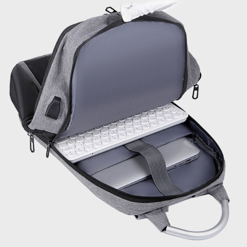 Rucsac laptop 15.6’’ multifunctional, pentru calatorii, business, cu port de incarcare USB, Cifru, Impermeabil, expandabil pana la 35 L, 30x17x44 cm, BANGE, Gri