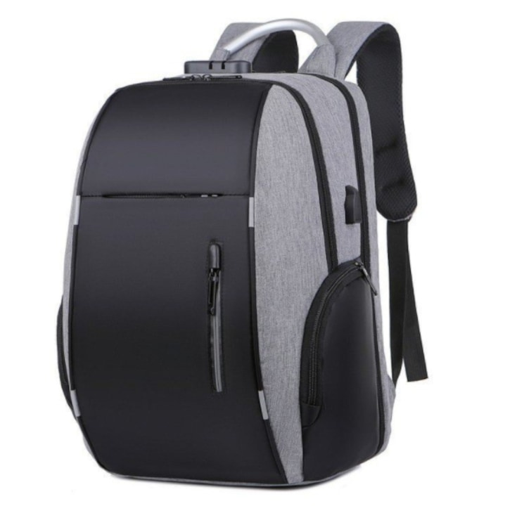 Rucsac laptop 15.6’’ multifunctional, pentru calatorii, business, cu port de incarcare USB, Cifru, Impermeabil, expandabil pana la 35 L, 30x17x44 cm, BANGE, Gri