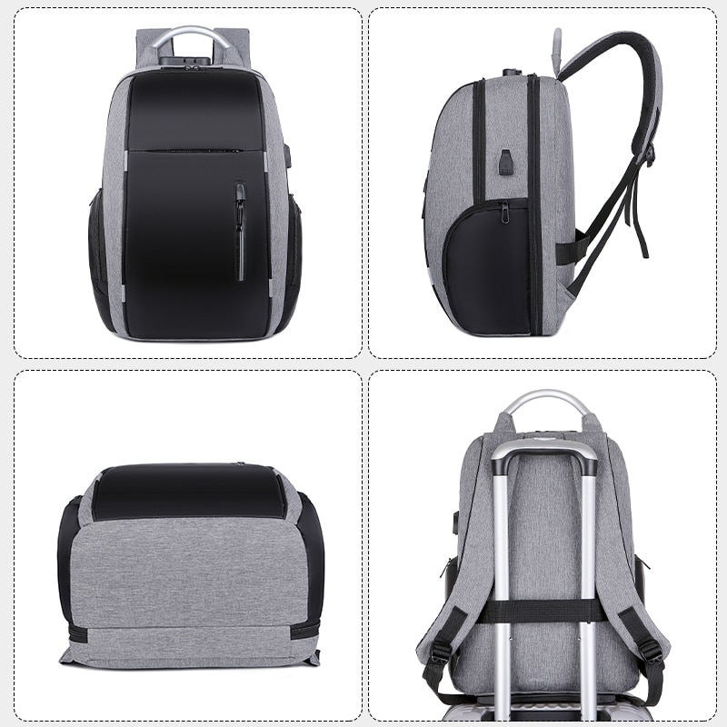 Rucsac laptop 15.6’’ multifunctional, pentru calatorii, business, cu port de incarcare USB, Cifru, Impermeabil, expandabil pana la 35 L, 30x17x44 cm, BANGE, Gri