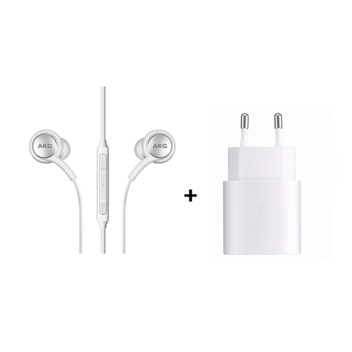 Set GSM cu Casti AKG Tpe-C si Adaptor Priza Fast Charging 25W USB-C Set Blister Alb