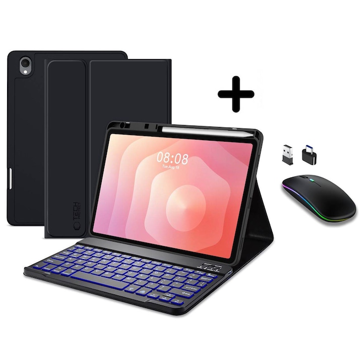 Husa pentru Samsung Galaxy Tab S11 11 inch cu tastatura iluminata wireless detasabila RGB 7 lights, Bluetooth, USB Type-C, functie stand si slot stylus + mouse wireless RGB lights, negru