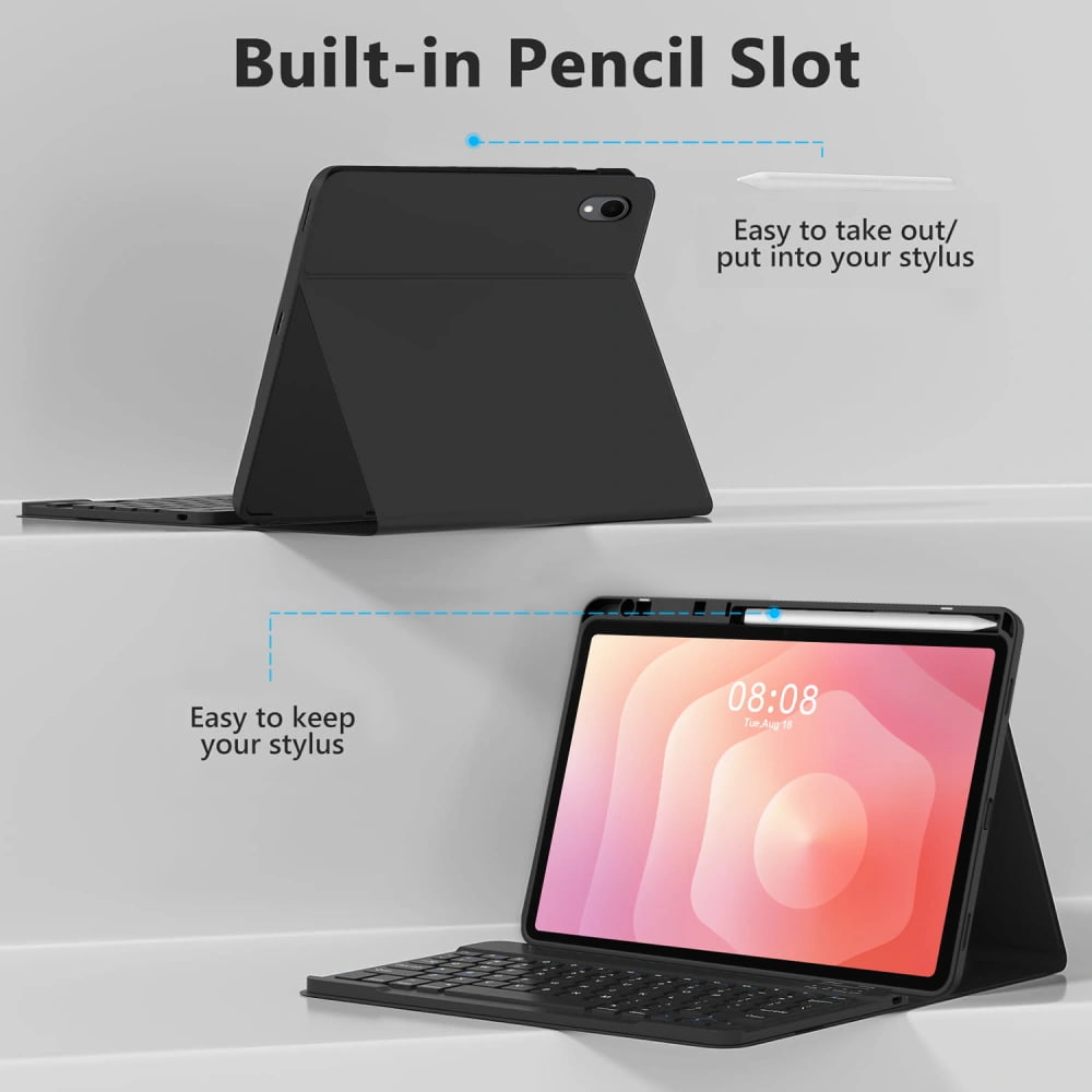 Husa pentru Samsung Galaxy Tab S11 11 inch cu tastatura iluminata wireless detasabila RGB 7 lights, Bluetooth, USB Type-C, functie stand si slot stylus + mouse wireless RGB lights, negru