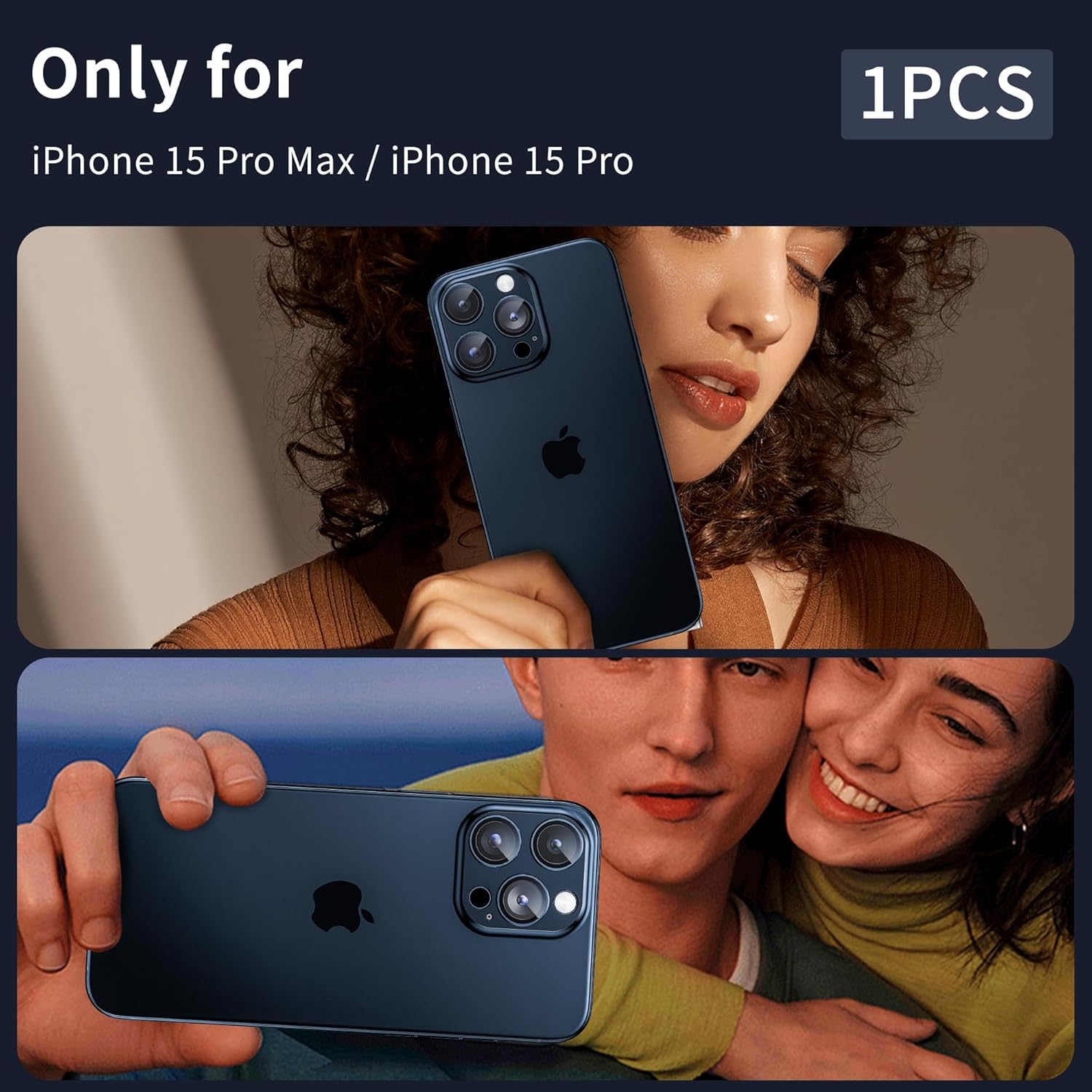 Carcasa Metalica Mata cu Folie din Sticla Securizata pentru Protectia Camerelor Foto, Compatibil iPhone 15 Pro si iPhone 15 Pro Max, Blue Titanium