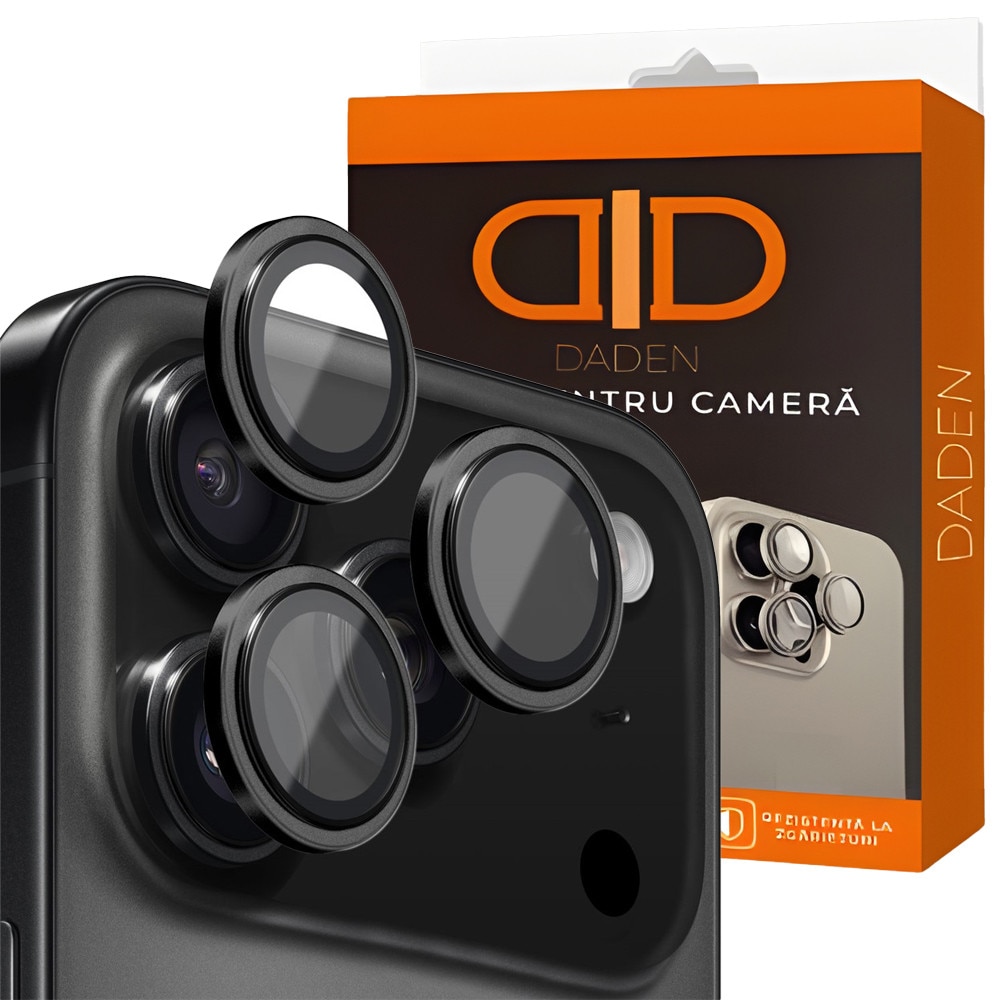 Folie Camera din sticla pentru iPhone 17 Pro Max, Full Cover, Protectie Profesionala, Daden, Ultra Rezistenta, Calitate Premium, Black Titanium