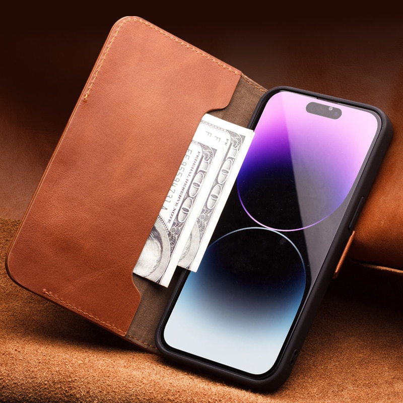 Husa slim pentru iPhone 14 Pro, Qialino, din piele naturala, inchidere magnetica, stand, cu buzunar interior, protectie 360, culoare Maro tabac