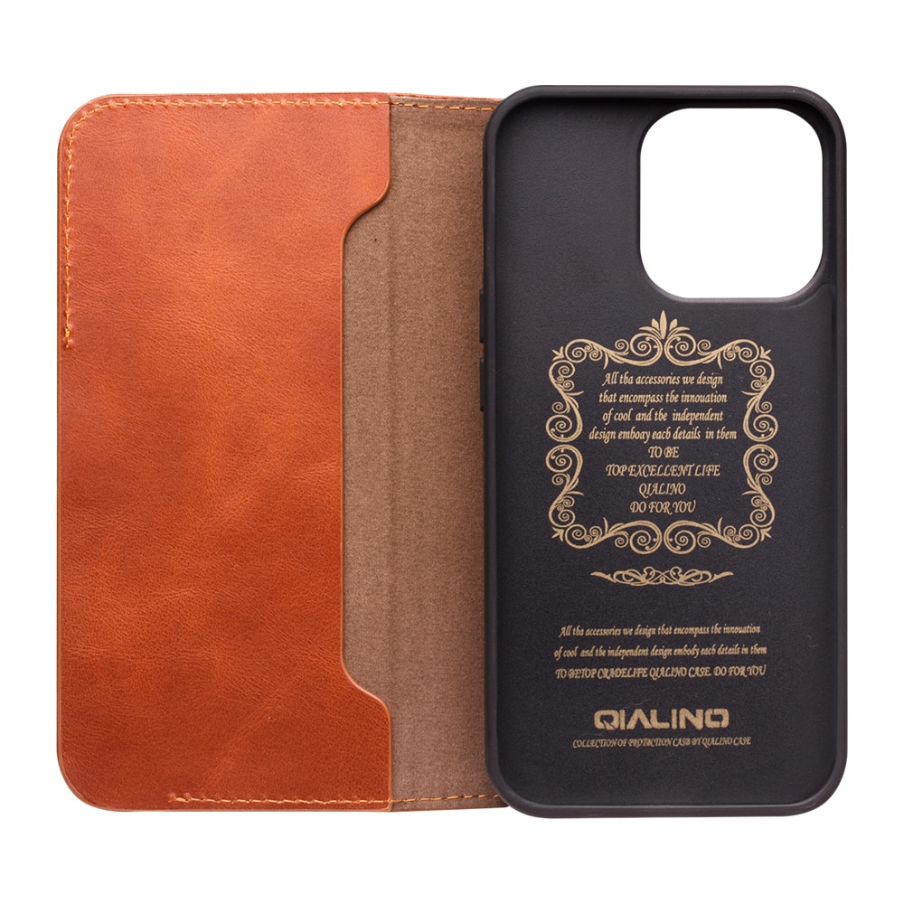 Husa slim pentru iPhone 14 Pro, Qialino, din piele naturala, inchidere magnetica, stand, cu buzunar interior, protectie 360, culoare Maro tabac