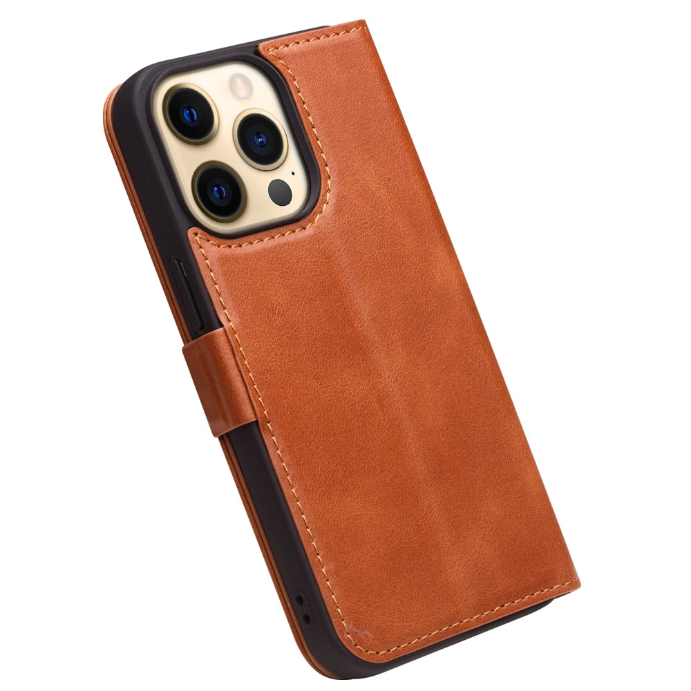 Husa slim pentru iPhone 14 Pro, Qialino, din piele naturala, inchidere magnetica, stand, cu buzunar interior, protectie 360, culoare Maro tabac
