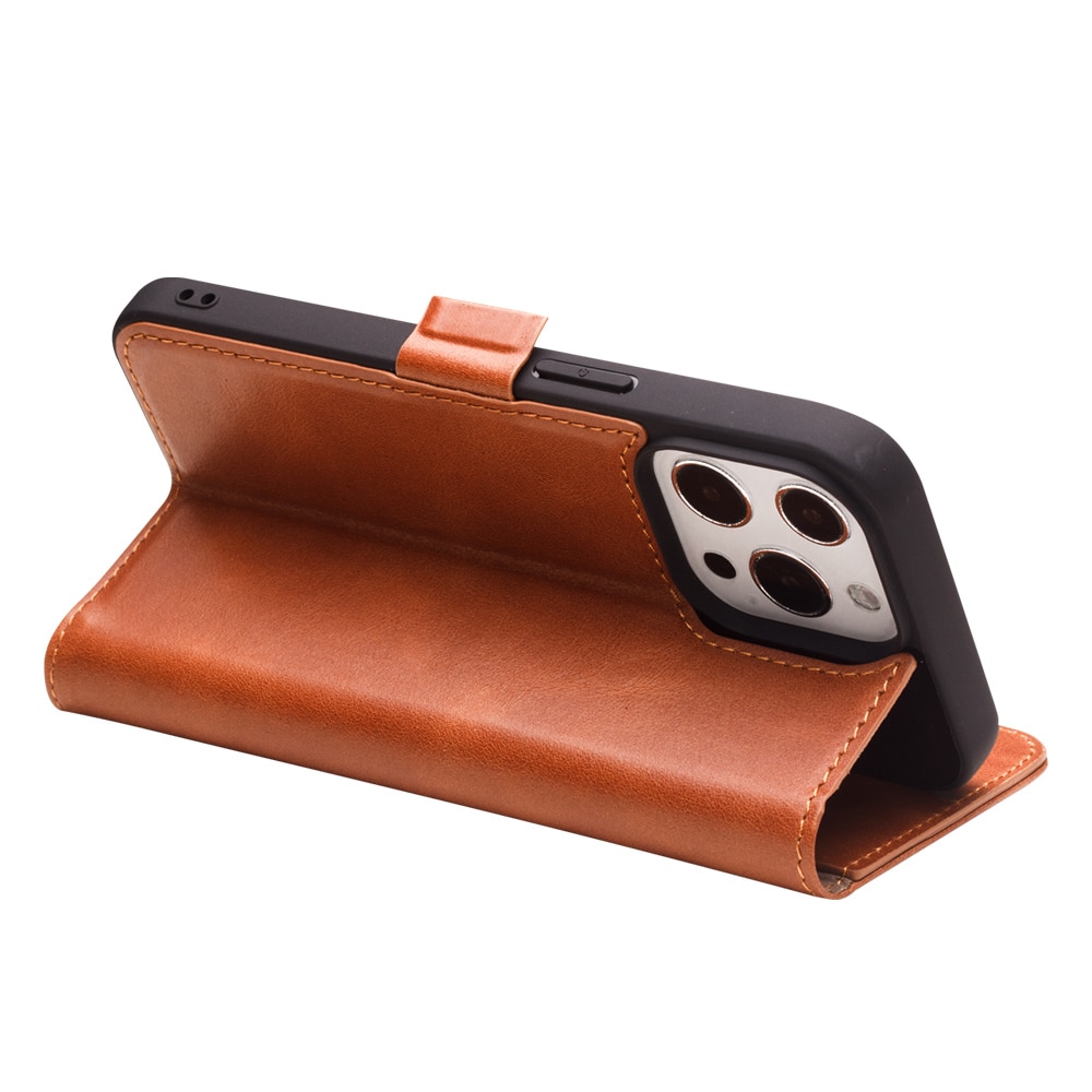 Husa slim pentru iPhone 14 Pro, Qialino, din piele naturala, inchidere magnetica, stand, cu buzunar interior, protectie 360, culoare Maro tabac