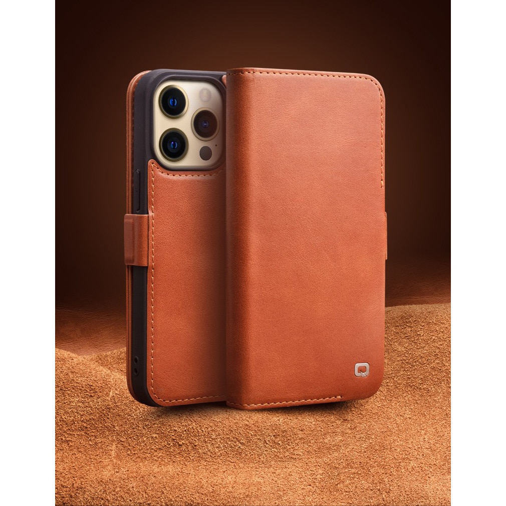 Husa slim pentru iPhone 14 Pro, Qialino, din piele naturala, inchidere magnetica, stand, cu buzunar interior, protectie 360, culoare Maro tabac