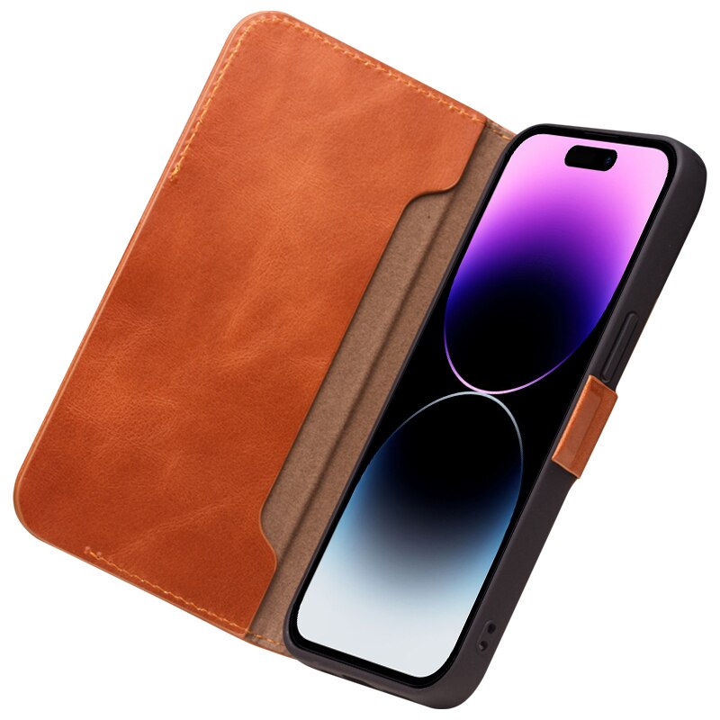 Husa slim pentru iPhone 14 Pro, Qialino, din piele naturala, inchidere magnetica, stand, cu buzunar interior, protectie 360, culoare Maro tabac