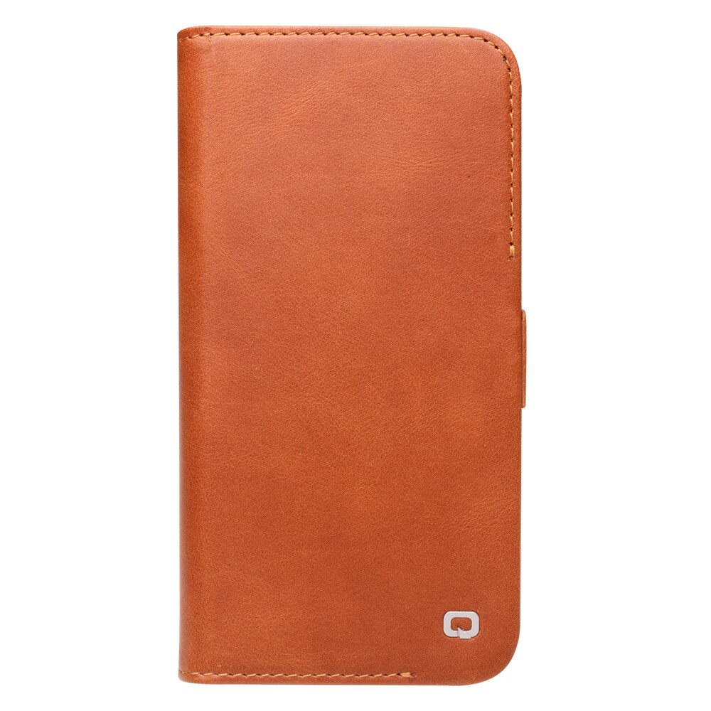 Husa slim pentru iPhone 14 Pro, Qialino, din piele naturala, inchidere magnetica, stand, cu buzunar interior, protectie 360, culoare Maro tabac