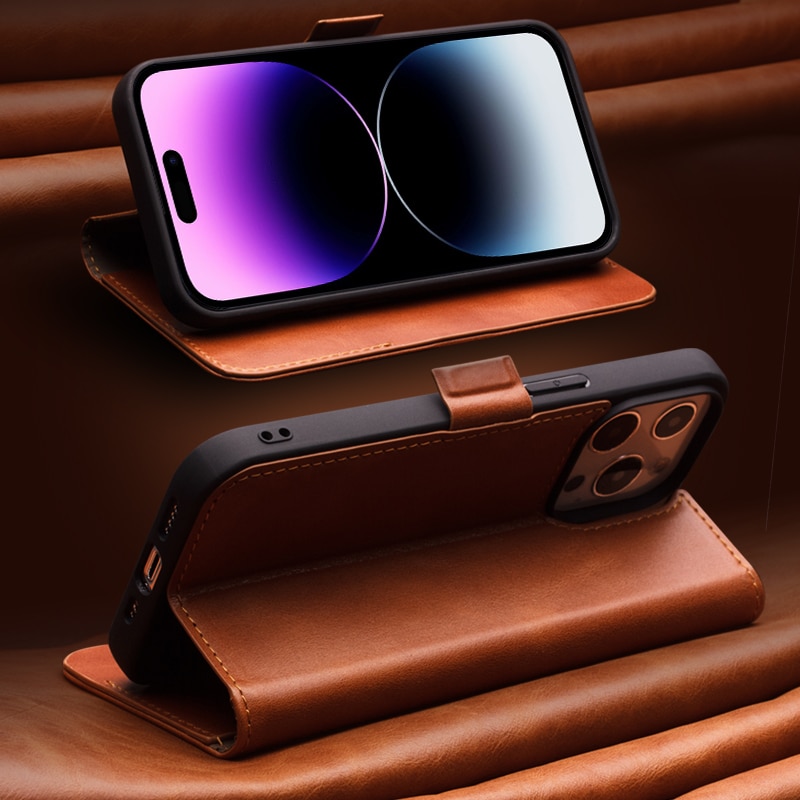 Husa slim pentru iPhone 14 Pro, Qialino, din piele naturala, inchidere magnetica, stand, cu buzunar interior, protectie 360, culoare Maro tabac