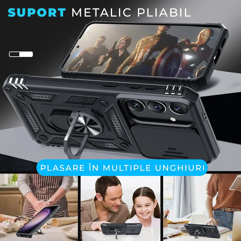 Husa pentru Samsung Galaxy A26 DaDen® Hybrid Armor Kickstand, Slider Camera, Antisoc, Protectie Superioara, Negru