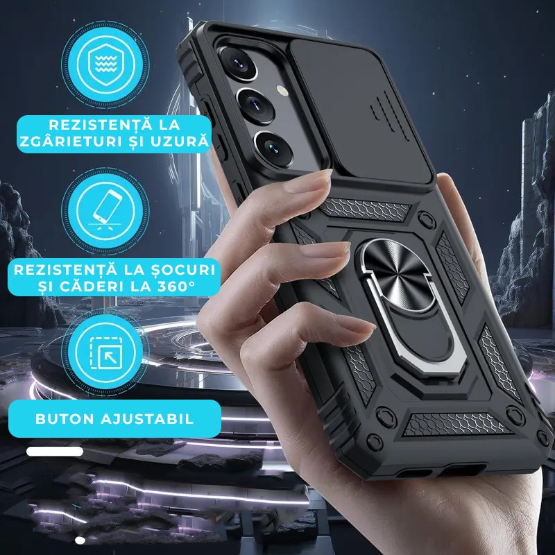 Husa pentru Samsung Galaxy A26 DaDen® Hybrid Armor Kickstand, Slider Camera, Antisoc, Protectie Superioara, Negru
