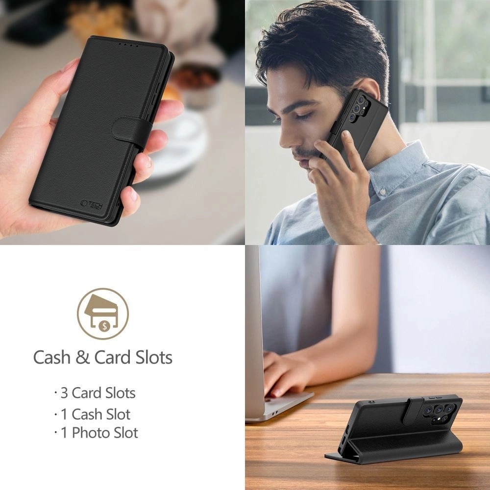 Husa telefon, Tech-Protect, Piele ecologica / TPU, Pentru Motorola Moto G15 / G15 Power, Functie portofel si suport, Negru