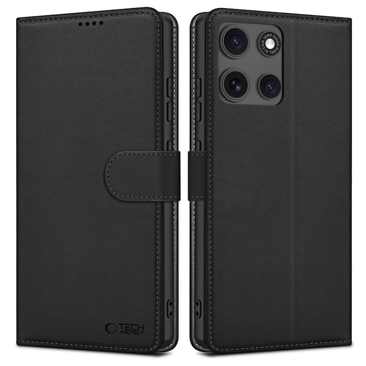 Husa telefon, Tech-Protect, Piele ecologica / TPU, Pentru Motorola Moto G15 / G15 Power, Functie portofel si suport, Negru