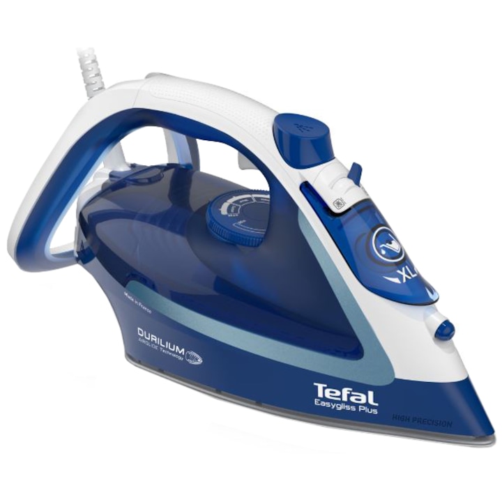 Fier de calcat Tefal EasyGliss Plus FV5735E0, 2500 W, talpa inox, 0.27 litri, 220 g/min, abur vertical, sistem anti-calcar, sistem anti-picurare, oprire automata, alb cu albastru