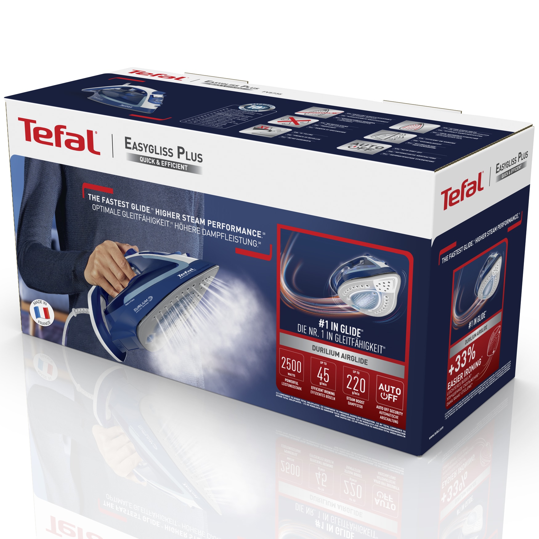 Fier de calcat Tefal EasyGliss Plus FV5735E0, 2500 W, talpa inox, 0.27 litri, 220 g/min, abur vertical, sistem anti-calcar, sistem anti-picurare, oprire automata, alb cu albastru