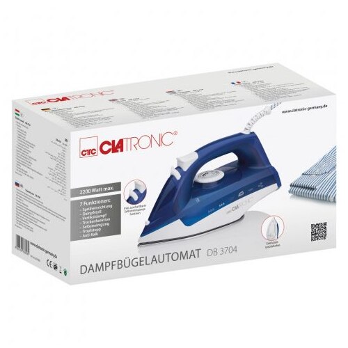 Fier de calcat, Clatronic, DB 3704, 7 functii, 250 ml, 220-240 V, 2200 W max, Alb/Albastru