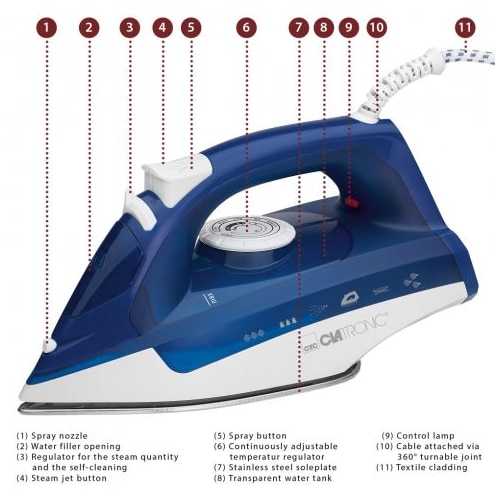 Fier de calcat, Clatronic, DB 3704, 7 functii, 250 ml, 220-240 V, 2200 W max, Alb/Albastru