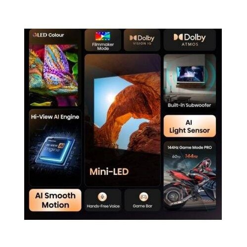 Televizor Hisense 50" U7Q, 4K Ultra HD 3840x2160, ULED, FALD, Quantum Dot, 144Hz, IPS, HDR 10+, HLG, Dolby Vision IQ, Dolby Atmos, Smart TV, WiFi 5GHz, WiFi Direct, BT, Anyview Cast, 4xHDMI, 2xUSB, LAN, CI+, DVB-T2/C/S2, Negru 50U7Q