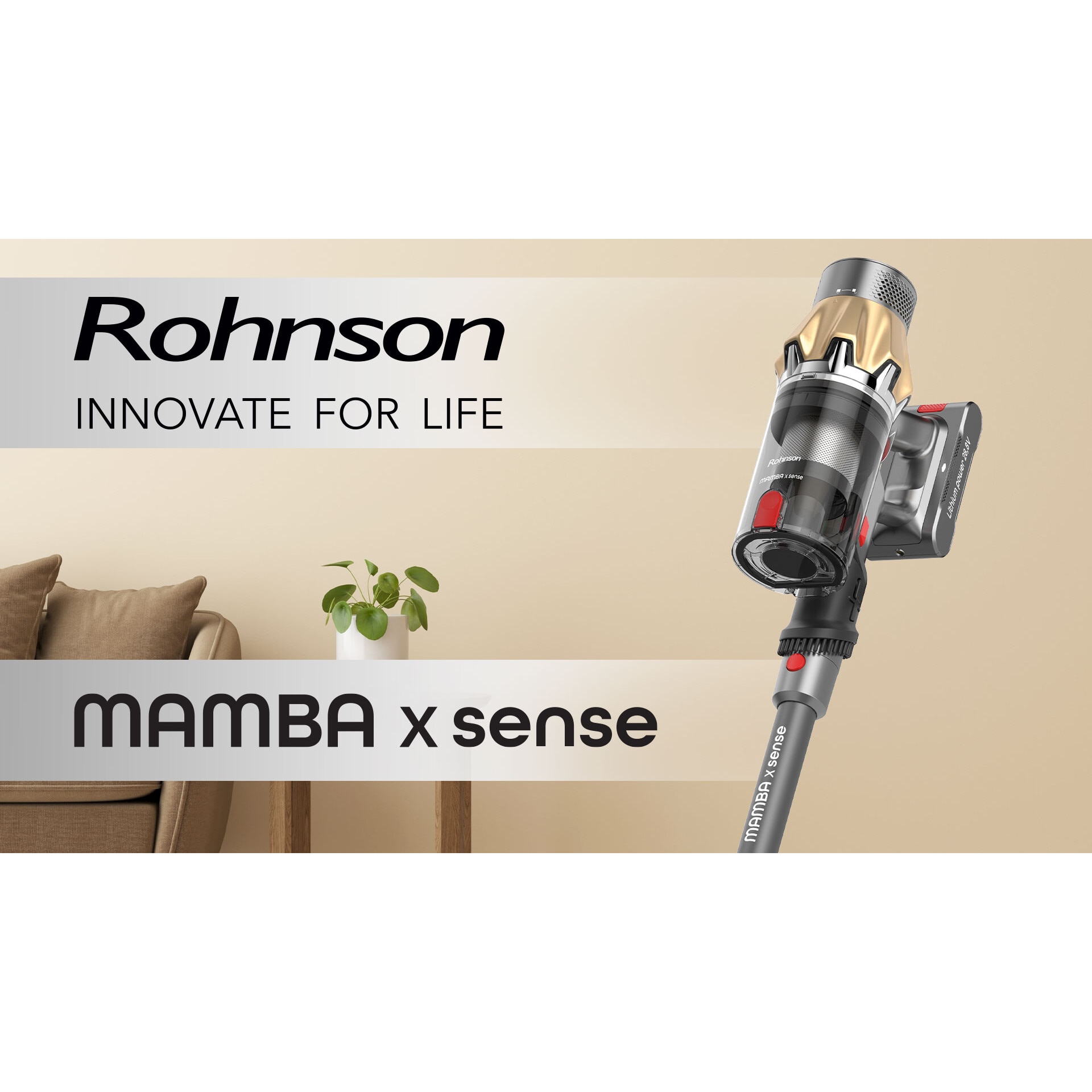 Aspirator vertical 2 in 1, Rohnson Mamba X Sense M15, 465 W, 28.8 V, 3000 mAh, cyclone, 35 kPa, autonomie 70 min