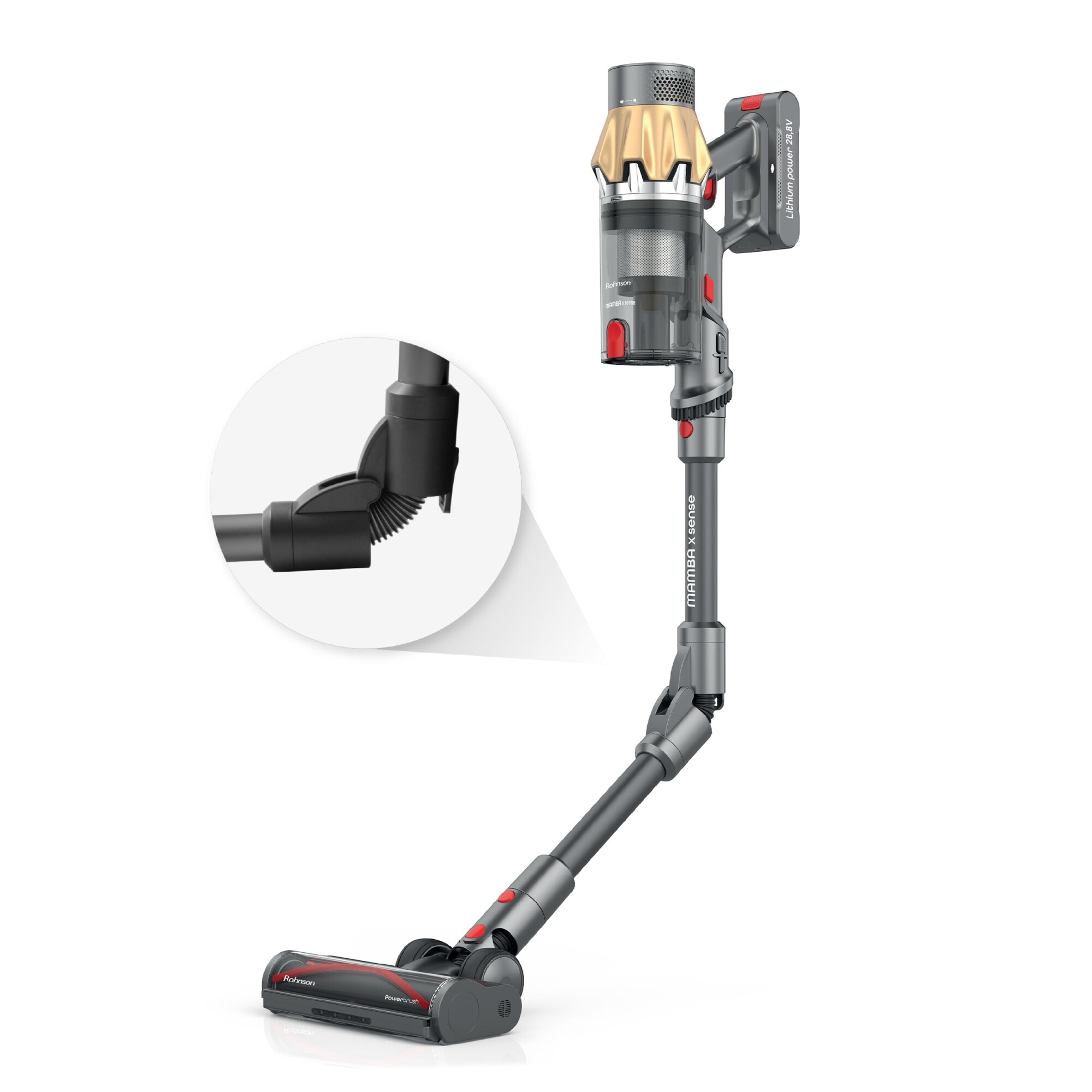 Aspirator vertical 2 in 1, Rohnson Mamba X Sense M15, 465 W, 28.8 V, 3000 mAh, cyclone, 35 kPa, autonomie 70 min