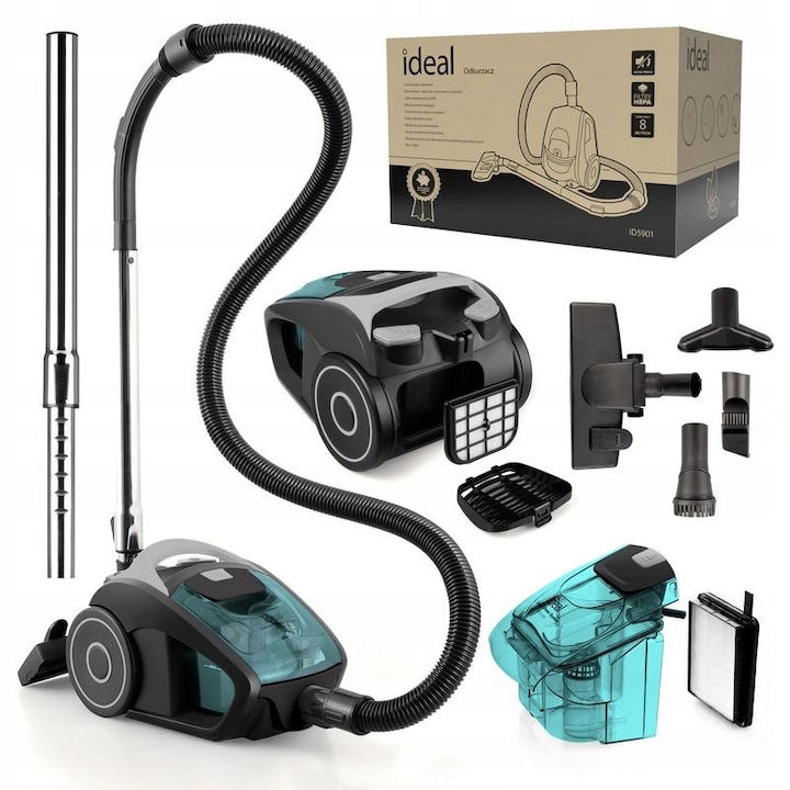 Aspirator ciclonic fără sac IDEAL 700W, 1.5L, gri cu elemente albastre și negre, 4.86m cablu, 77cm tub telescopic