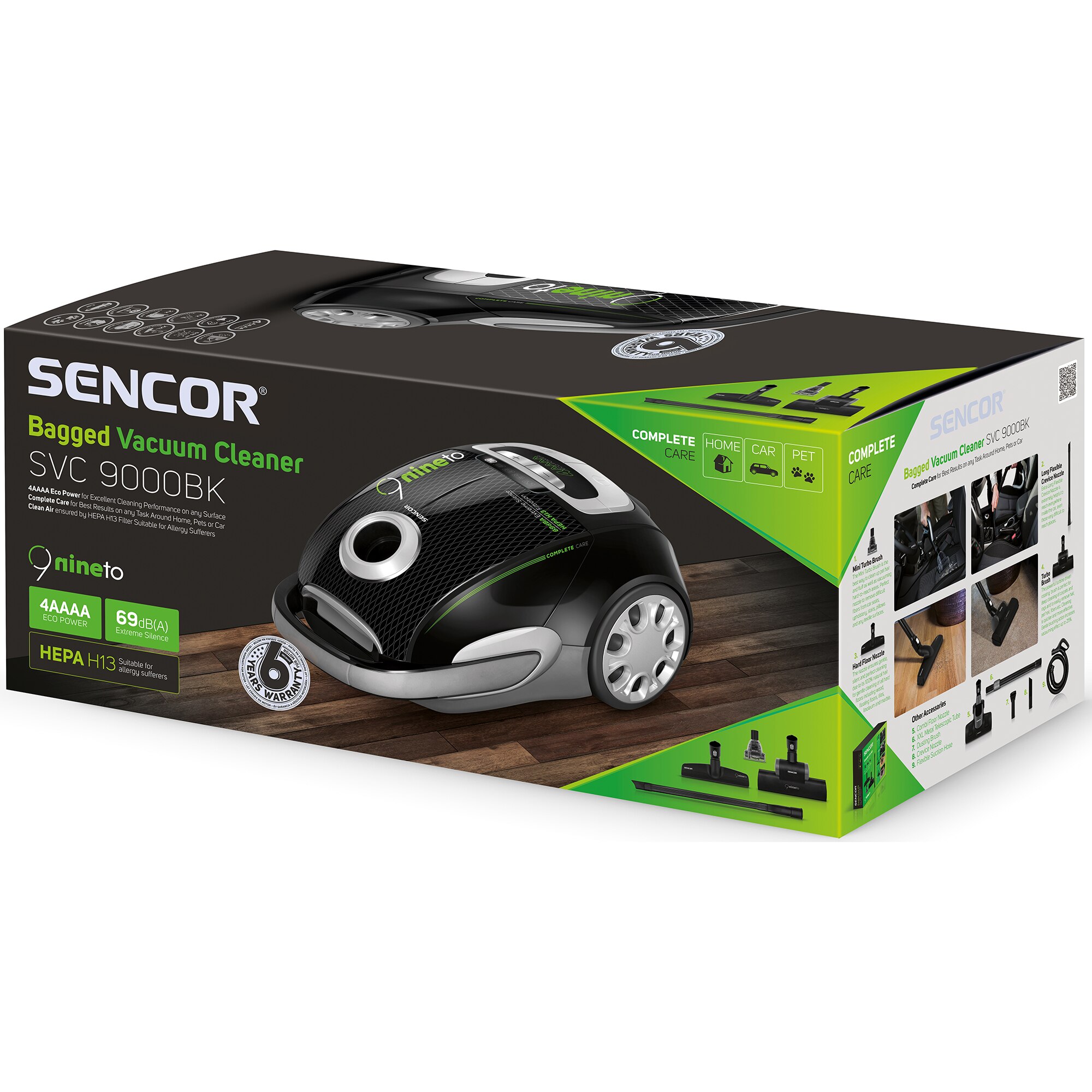 Aspirator cu sac Sencor SVC9000BK, tehnologie Extreme Silence, filtru HEPA H13 pentru aer curat, 4L, 800W, negru