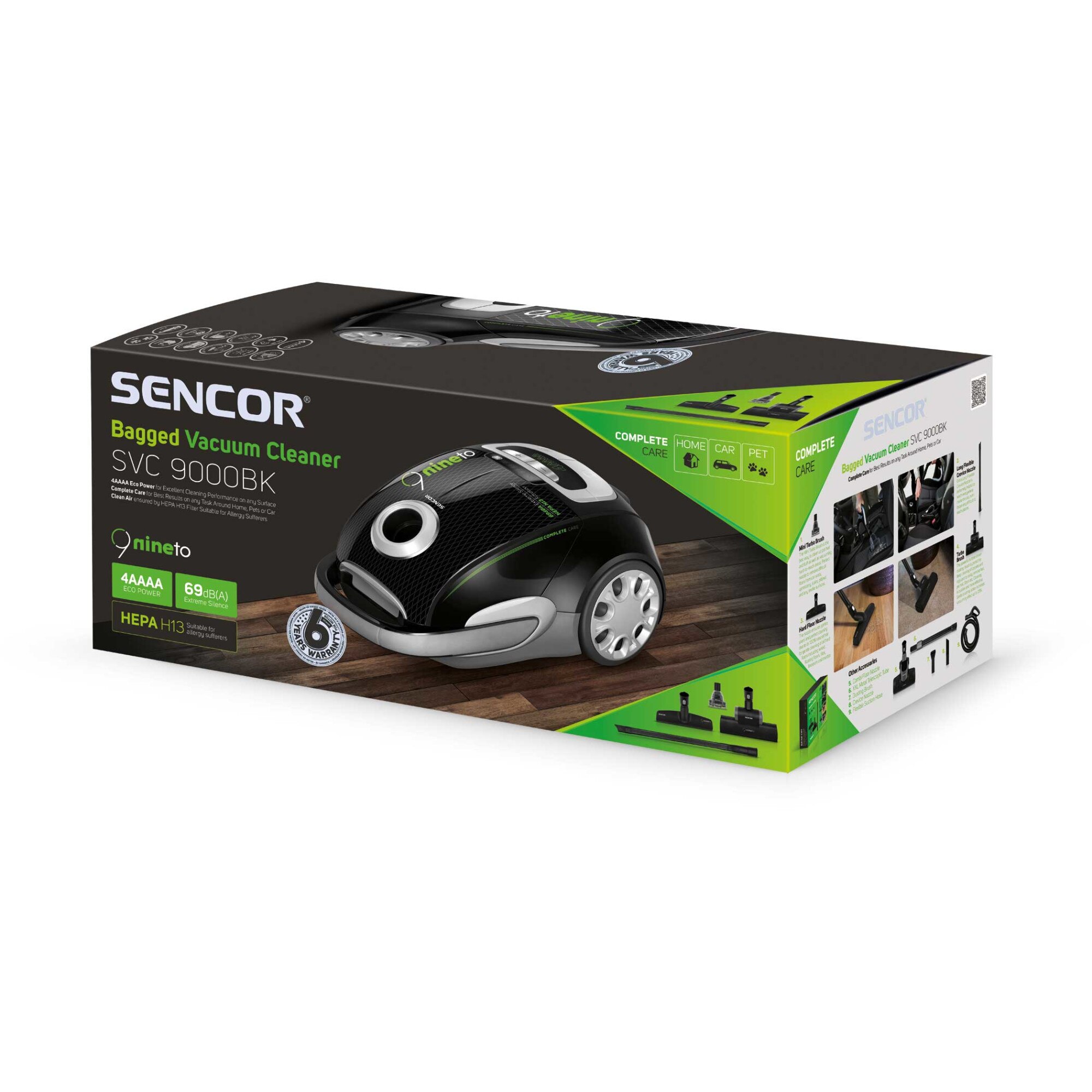 Aspirator cu sac Sencor SVC9000BK, tehnologie Extreme Silence, filtru HEPA H13 pentru aer curat, 4L, 800W, negru