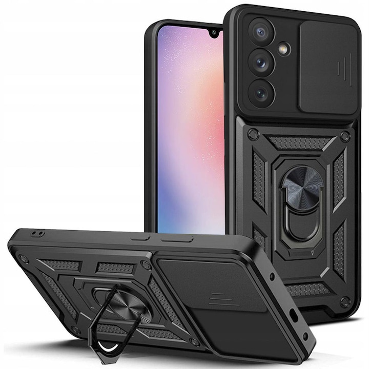 Husa telefon Mat-Tech compatibila cu Samsung Galaxy S25, Protectie Camera Slide and Snap Soft Premium, Magnetic Ring Holder, PopGrip, Anti-Shock, Rugged Protection, Negru