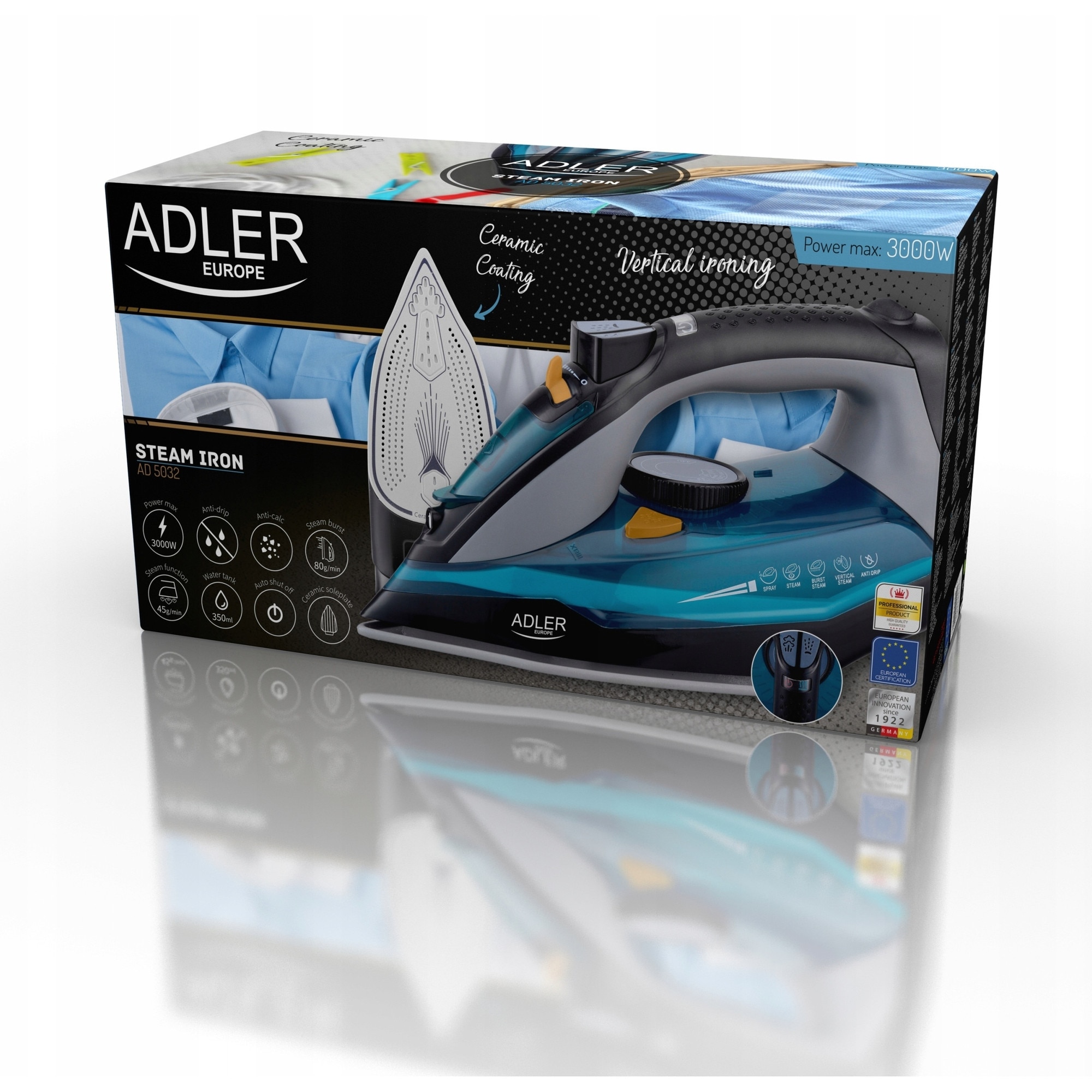 Fier de calcat cu abur Adler AD 5032, 3000W, ceramica, sistem auto-curatare, rezervor 350ml, 30x12x15cm