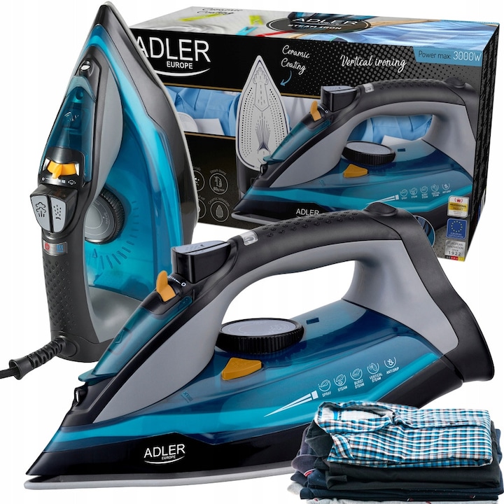 Fier de calcat cu abur Adler AD 5032, 3000W, ceramica, sistem auto-curatare, rezervor 350ml, 30x12x15cm