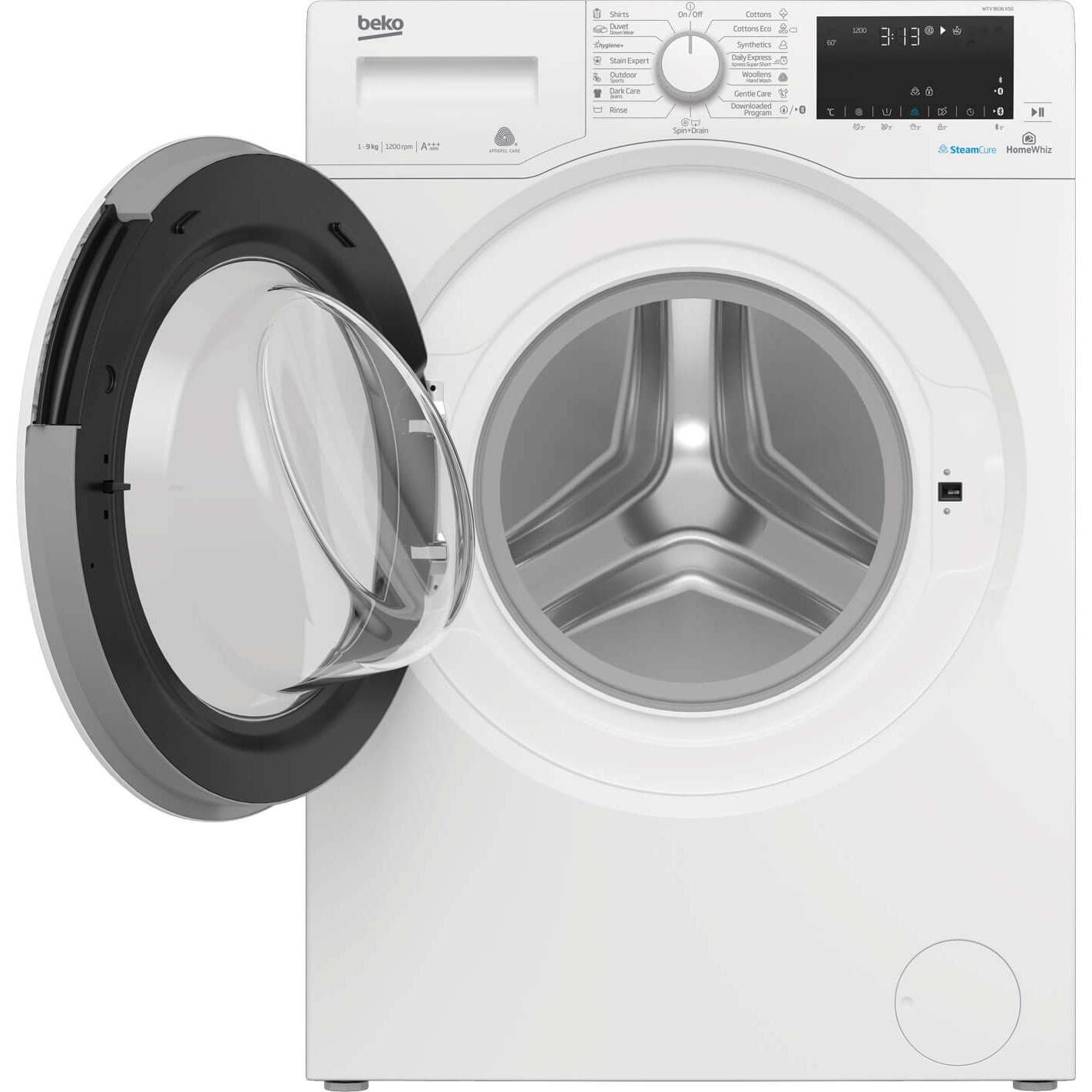Masina de spalat rufe Beko WTV9636XS0, 9 kg, 1200 RPM, Clasa A+++, HomeWhiz, conectare Bluetooth, SteamCure, AddGarment, Motor ProSmart Inverter, 60 cm, Alb