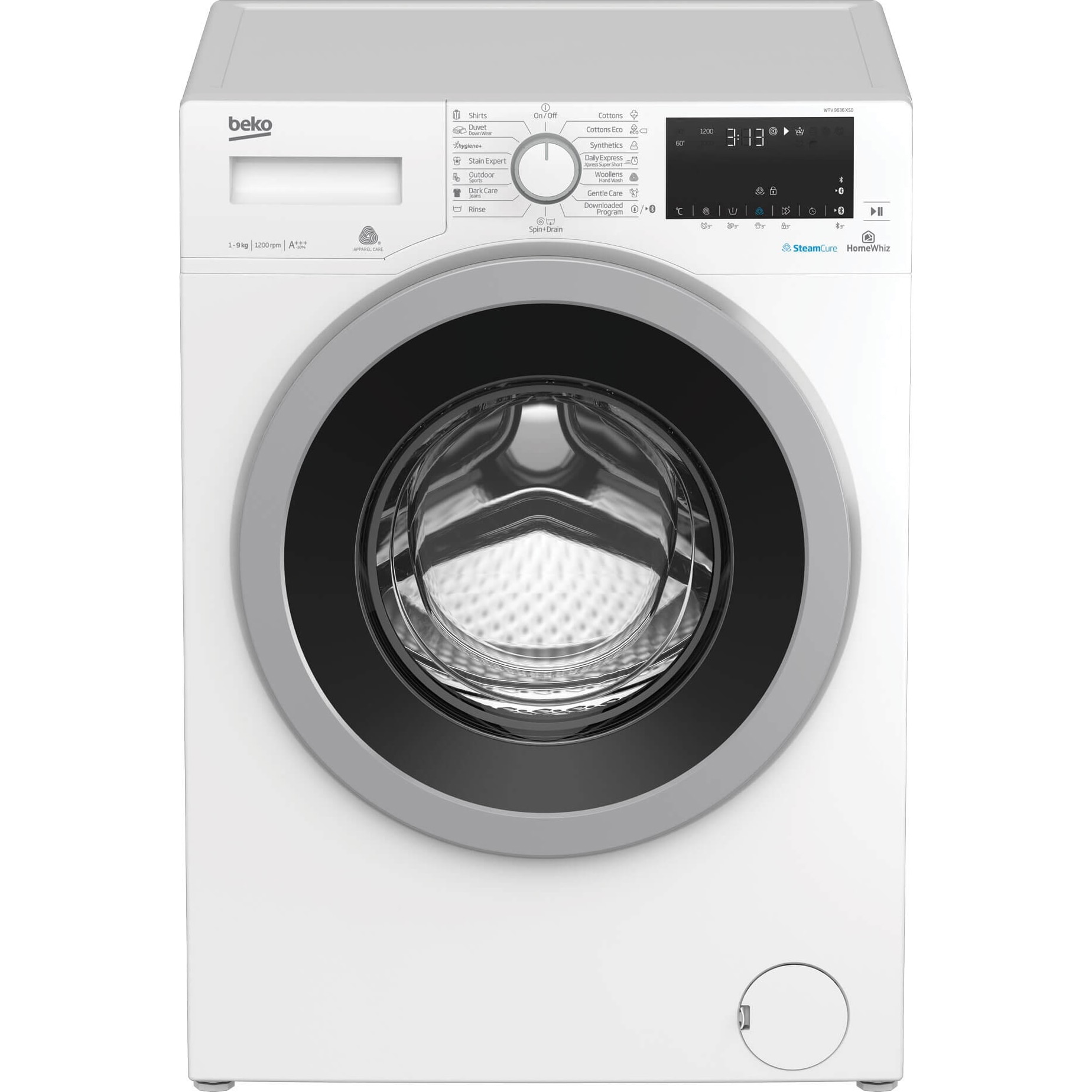 Masina de spalat rufe Beko WTV9636XS0, 9 kg, 1200 RPM, Clasa A+++, HomeWhiz, conectare Bluetooth, SteamCure, AddGarment, Motor ProSmart Inverter, 60 cm, Alb