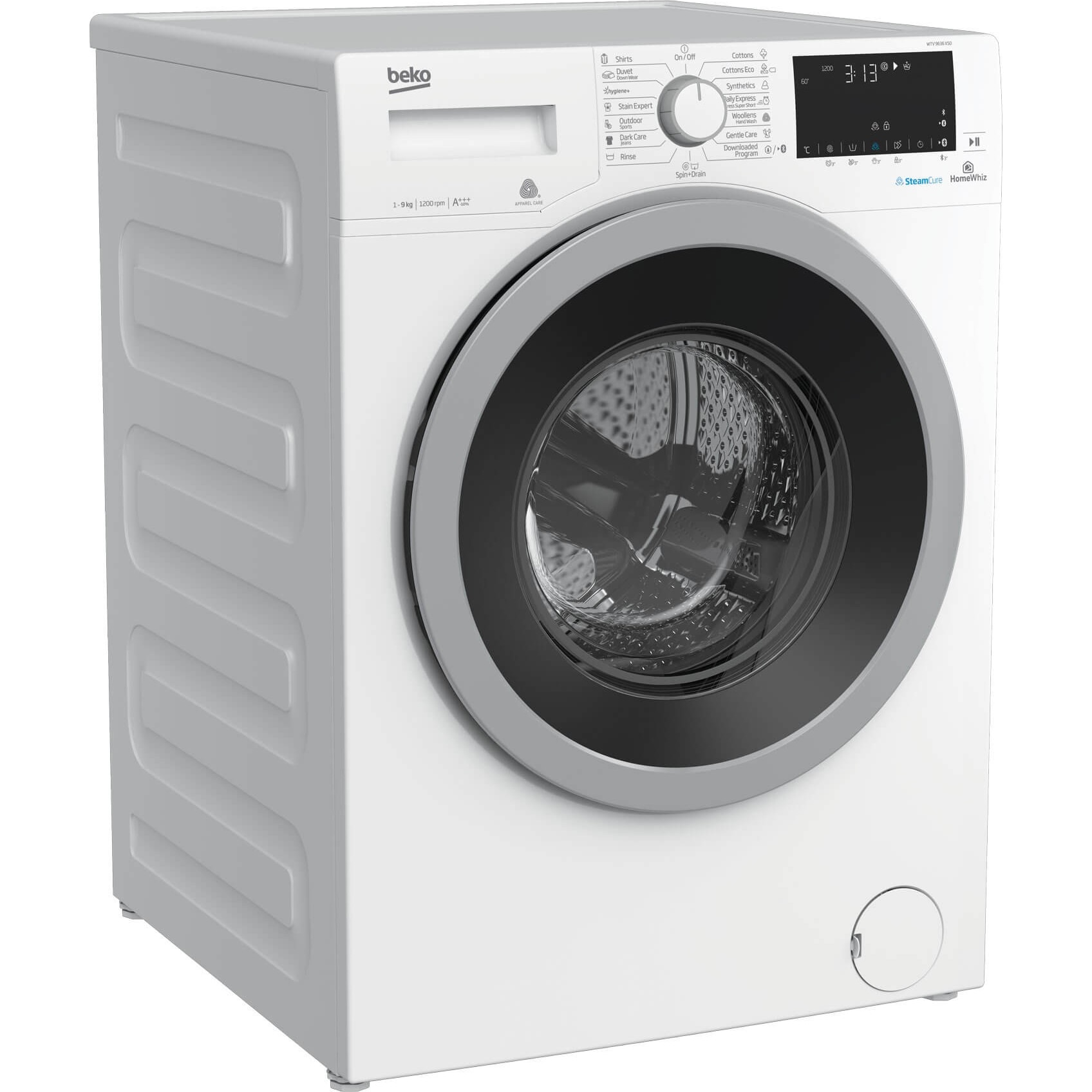 Masina de spalat rufe Beko WTV9636XS0, 9 kg, 1200 RPM, Clasa A+++, HomeWhiz, conectare Bluetooth, SteamCure, AddGarment, Motor ProSmart Inverter, 60 cm, Alb